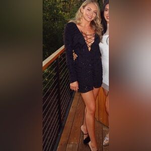 Oh Polly Black Long Sleeve Lace-Up Dress Size US 4